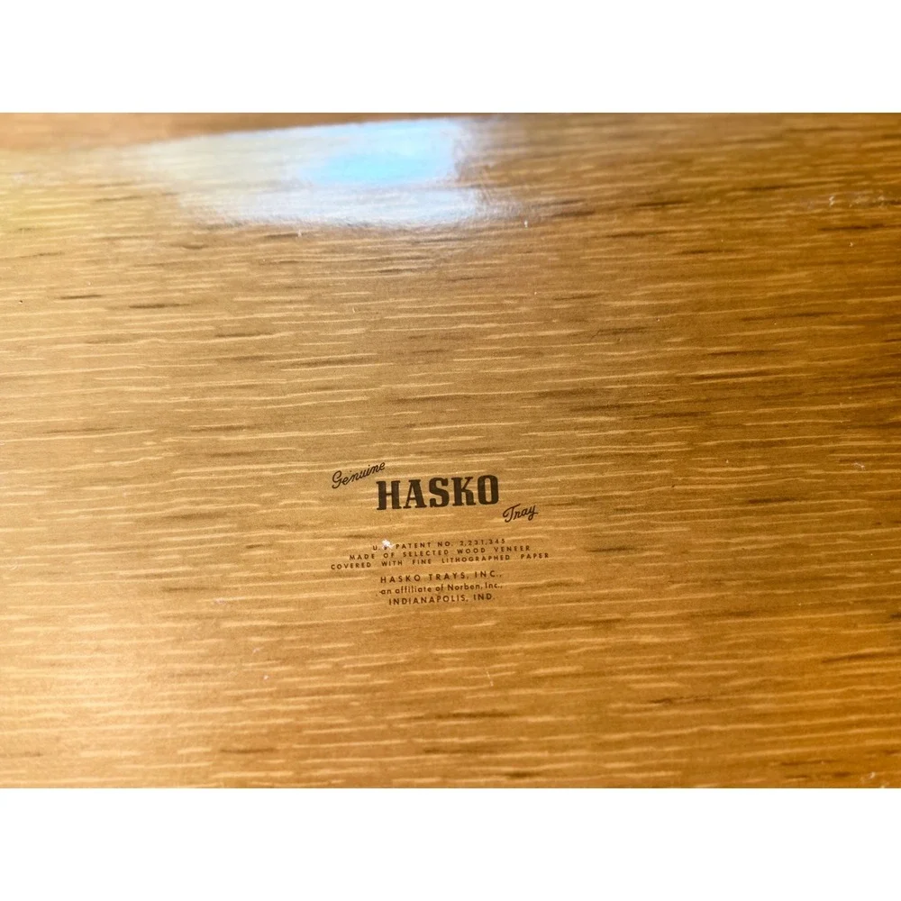 Vintage Hasko De Luxe Lap Tray Mid Century Faux Wood Floral Lithograph MCM 16x8